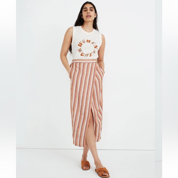 Madewell Pull-On Wrap Midi Skirt in Stripe Linen Blend Trip Stripe Avalon Pink - Picture 2 of 10